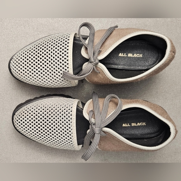 ALL BLACK Perforated Leather Platform Lace Up Sneakers Gray Beige Size 38 - Picture 10 of 15